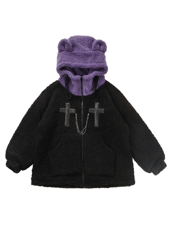 ブラック&パープルベアフーディーボアジャケット&シャツボトムスセットアップ