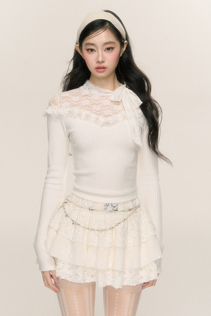 [Reservations] Lace Collar Ribbon Ribbed Top