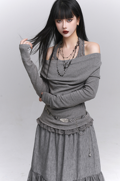 Faux two-piece one-shoulder top