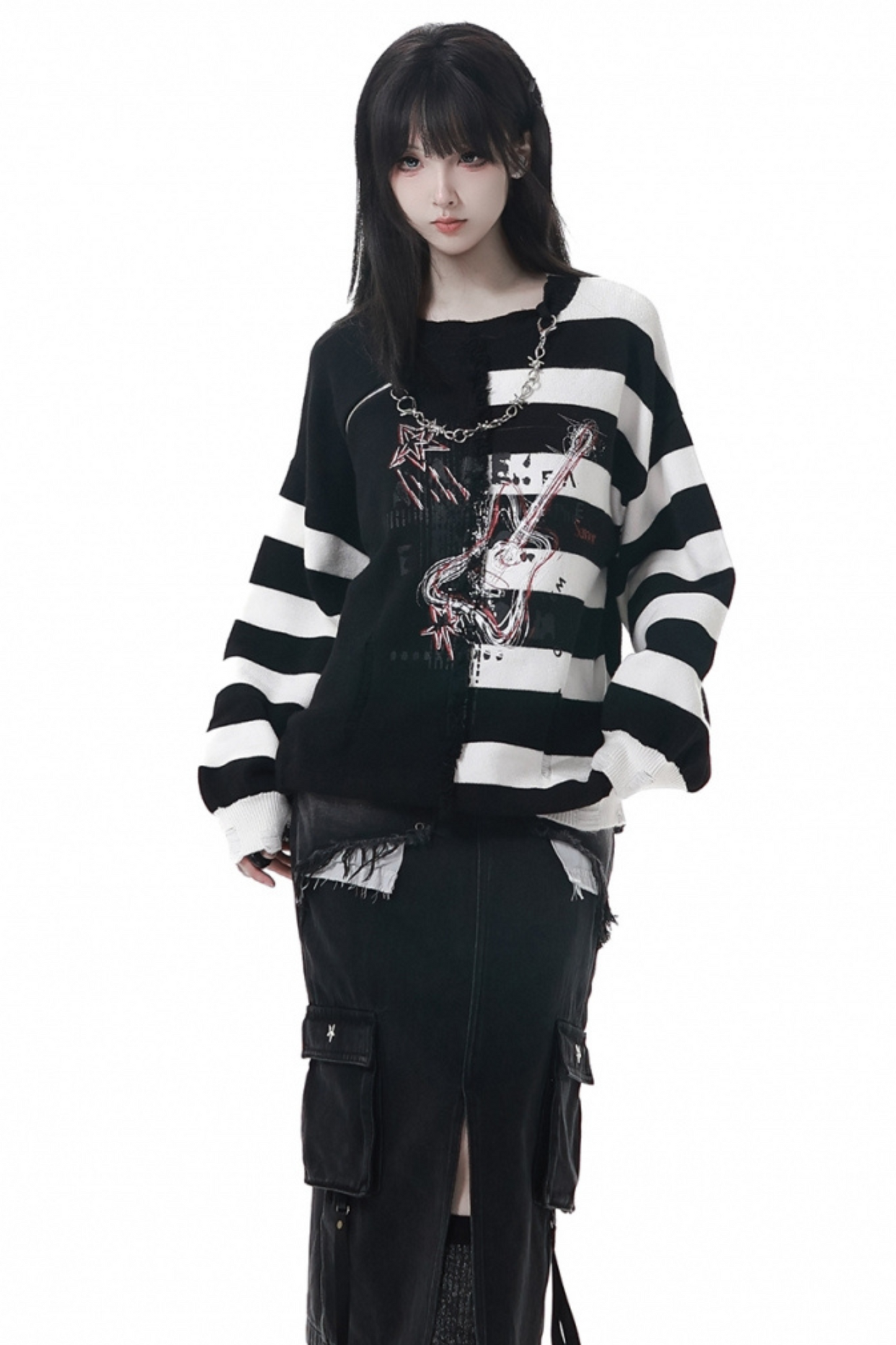 アシメボーダーセーター+デニムスカート