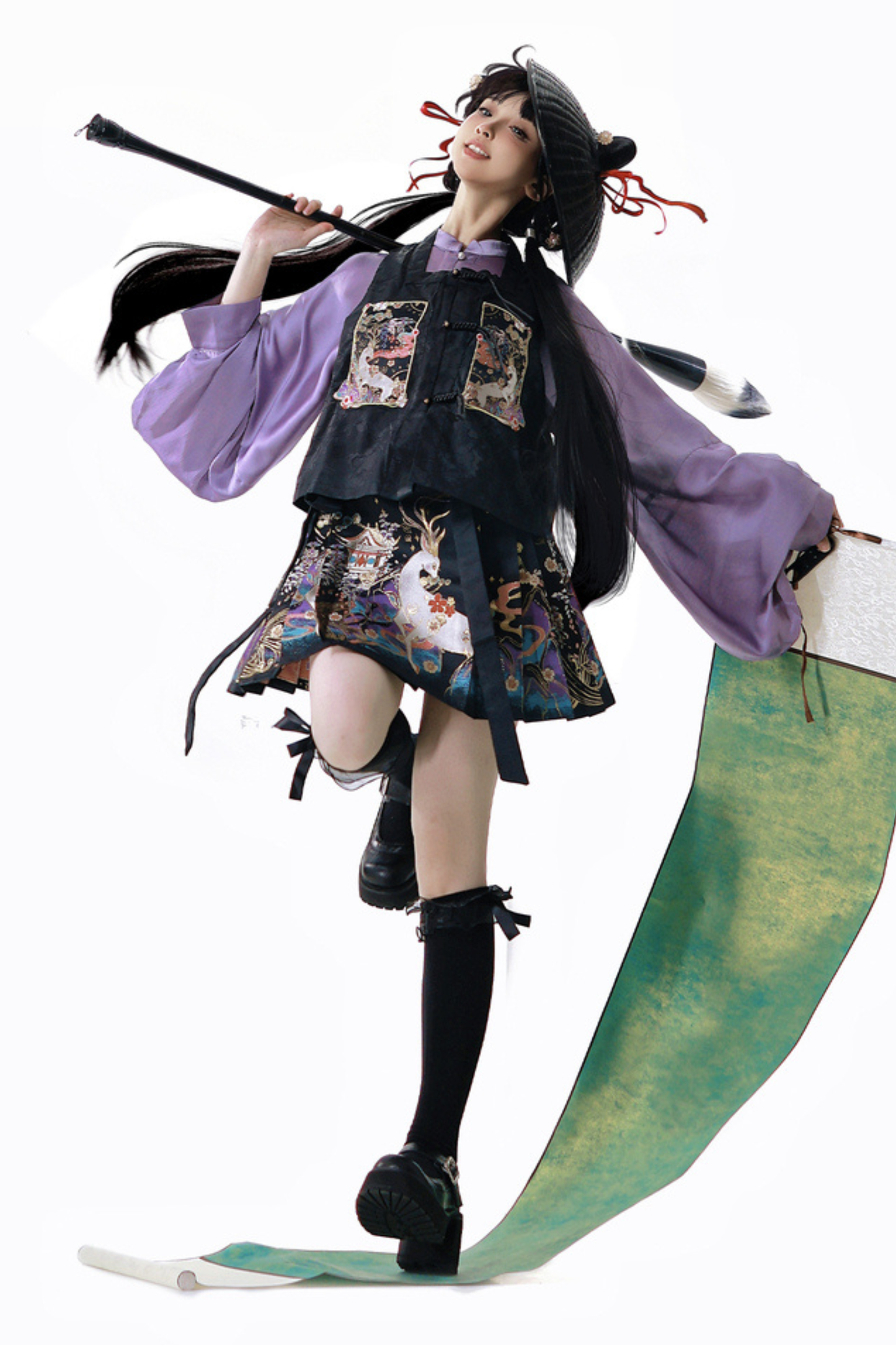 Dark china shirt + vest + skirt