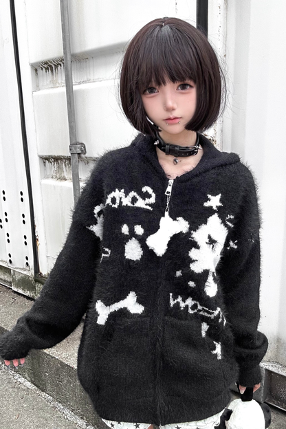 キャットデザインフードニットカーディガン