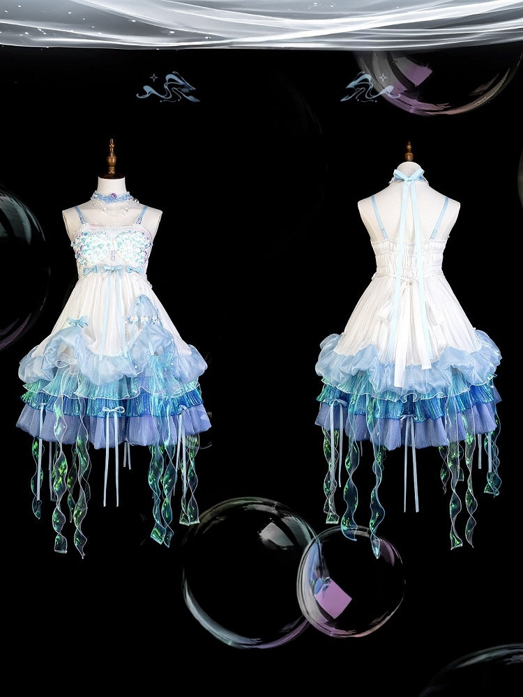 [Date limite de précommande : 1er août] Robe JKS lolita féerique méduse océan blanc x bleu à superpositions avec traîne aurore