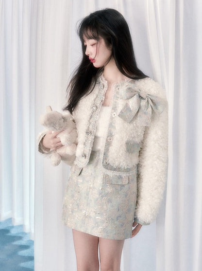 Lamb Fur Wool Retro Flower Design Jacket