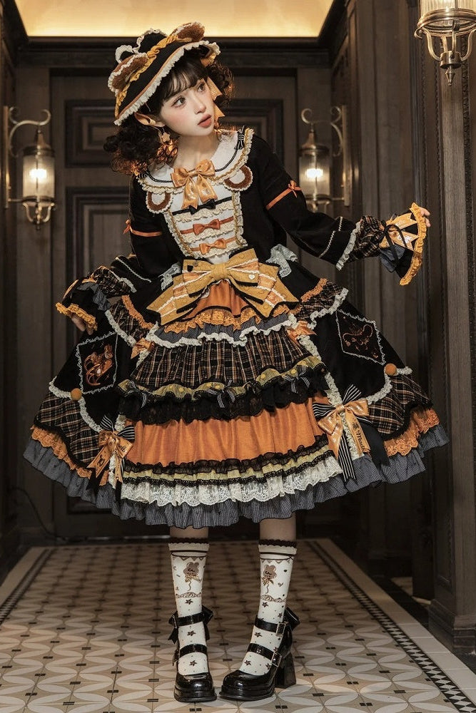 [Reservierungsschluss 8. September] Classic Bear Lolita-Stufenkleid mit weißem Kragen, Karomuster, Spitze und Schleife+Vintage-JSK-Kleid mit Teddybär-Print und Spitze+Vintage-Lolita-Kleid mit Teddybär-Print, Karokragen und klassischem Karomuster