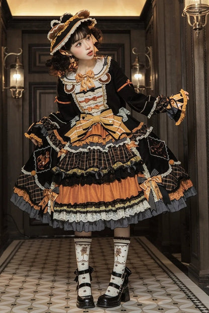 [Reservierungsschluss 8. September] Classic Bear Lolita-Stufenkleid mit weißem Kragen, Karomuster, Spitze und Schleife+Vintage-JSK-Kleid mit Teddybär-Print und Spitze+Vintage-Lolita-Kleid mit Teddybär-Print, Karokragen und klassischem Karomuster