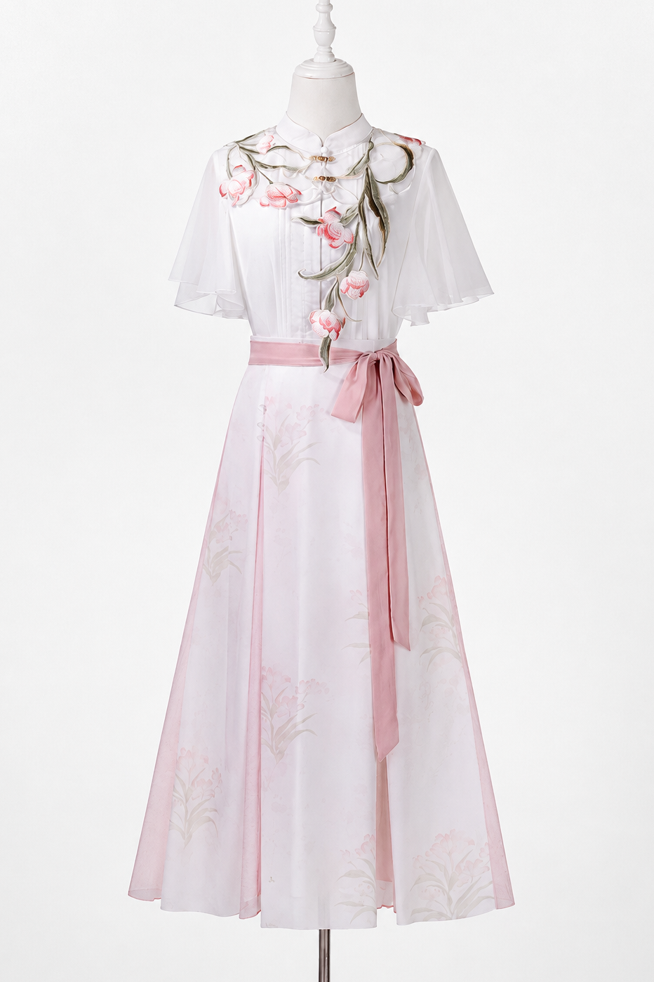 Rosa Hanfu-Hemd-und-Rock-Set mit nebligen Tulpen