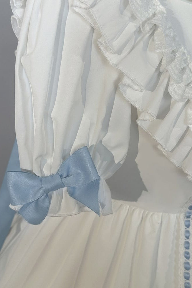 【10月4日予約締切】Blue & White / Pink & White Gothic-Inspired Sweet Lolita Ribbon Ruffle Dress＋Cross Embroidery Ribbon Cape