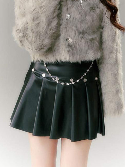 Metal Rose Diamond Chain Pleated Leather Skirt