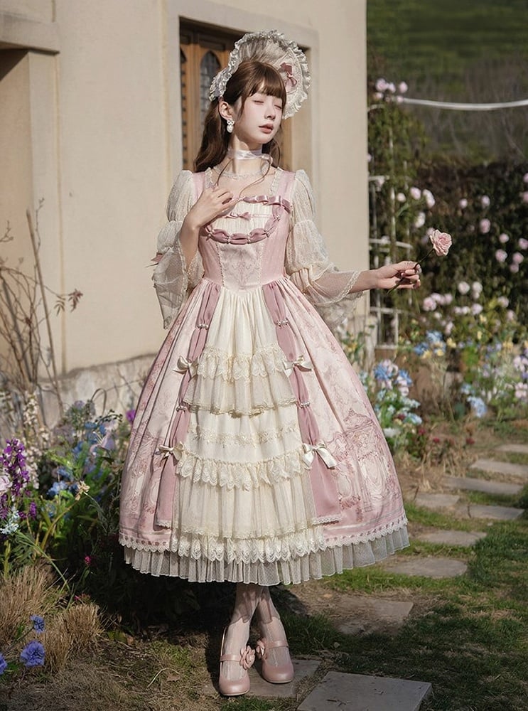 [Pre-order Deadline: April 26] Rococo Antique Lace Tiered Ribbon Pink Lolita Dress + Bonnet