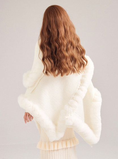 Soled Collar Shawl Knit Fur Ball Cape Jacket