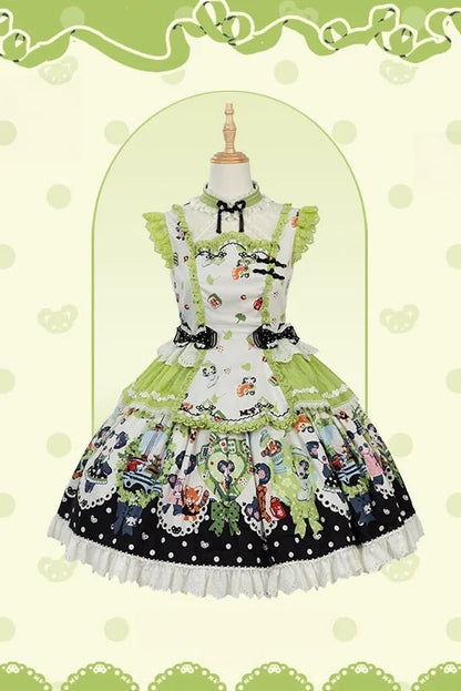 [Pre-order Deadline: October 25] Pink/Green Chinoiserie Lolita Sweet Panda Print Flutter Sleeve Lace Trim Dress + Detachable Flared Sleeves + Leg Covers