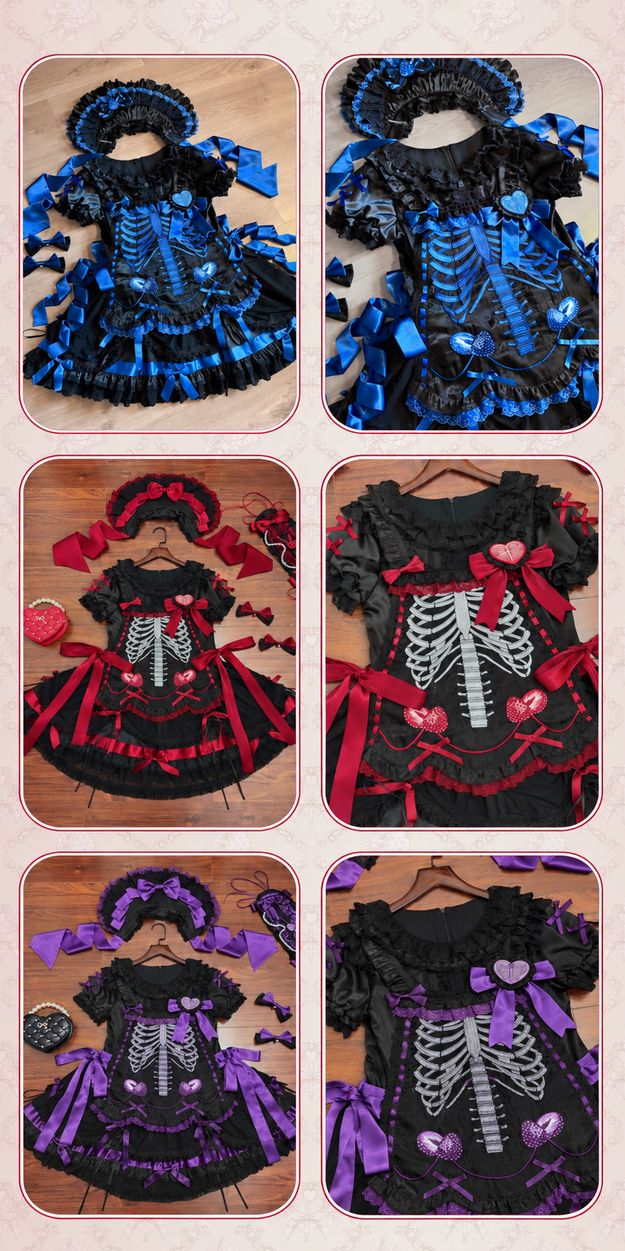 【11月4日予約締切】Blue-Black/Red-Black/Purple-Black Gothic Lolita Puff-Sleeve Lace Bow Doll Dress With Bone Embroidery Apron