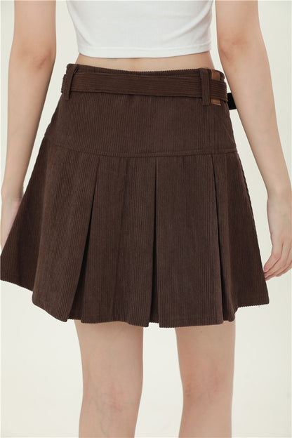 Retro Corduroy High Waist Belt Pleated Skirt