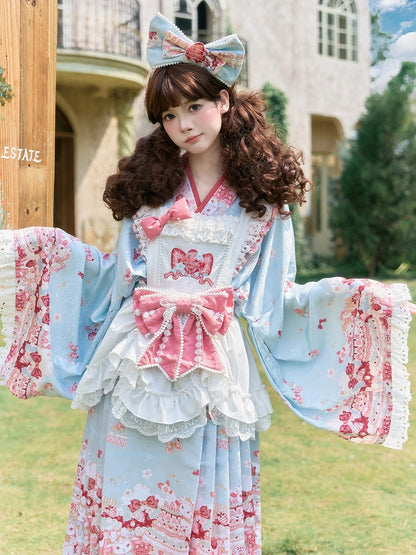 【10月21日予約締切】Pink/Blue Hanfu-inspired Little Lamb Tea Party Lace Wide Sleeve Blouse + Printed Ruffle Skirt + Pleated Mamian Skirt + Strawberry Embroidered Ribbon Lace Apron