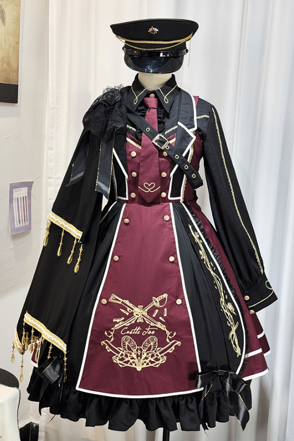 【6月28日予約締切】レッドブラック/ブルーブラックダークロリータゴールドエンブロイダリーテーラーカラーJKSドレス＋ネクタイ＋ウエストバッグ付きベルト