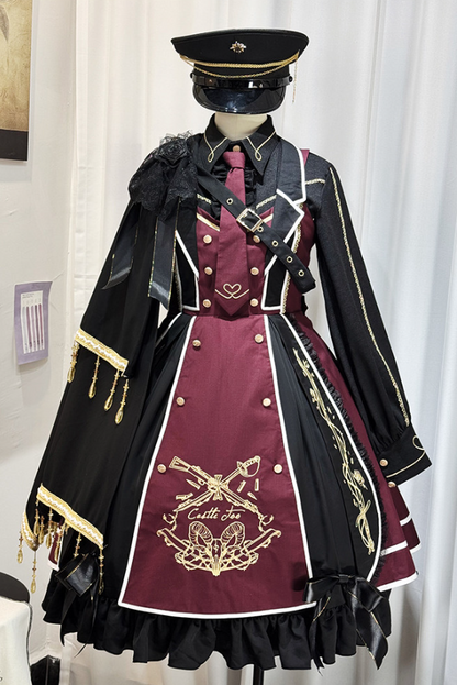 【6月28日予約締切】レッドブラック/ブルーブラックダークロリータゴールドエンブロイダリーテーラーカラーJKSドレス＋ネクタイ＋ウエストバッグ付きベルト