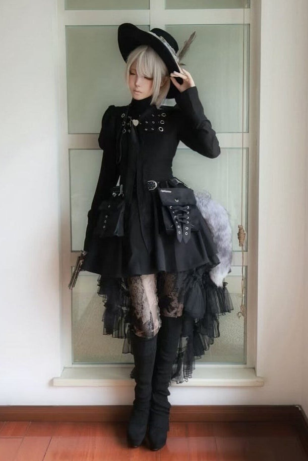 [Scadenza prenotazioni 6 novembre] Abito da bambola steampunk marrone x gothic mode nero con fibbia, collo alto e maniche lunghe a sbuffo