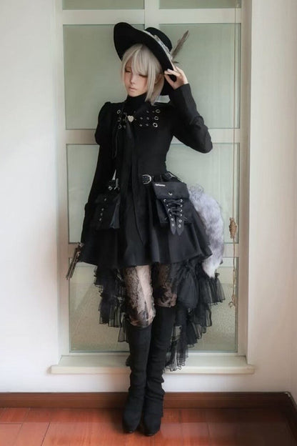 [Scadenza prenotazioni 6 novembre] Abito da bambola steampunk marrone x gothic mode nero con fibbia, collo alto e maniche lunghe a sbuffo