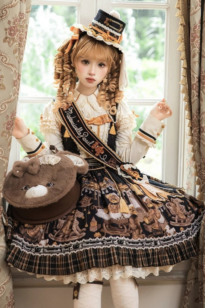 [Reservierungsschluss 8. September] Classic Bear Lolita-Stufenkleid mit weißem Kragen, Karomuster, Spitze und Schleife+Vintage-JSK-Kleid mit Teddybär-Print und Spitze+Vintage-Lolita-Kleid mit Teddybär-Print, Karokragen und klassischem Karomuster