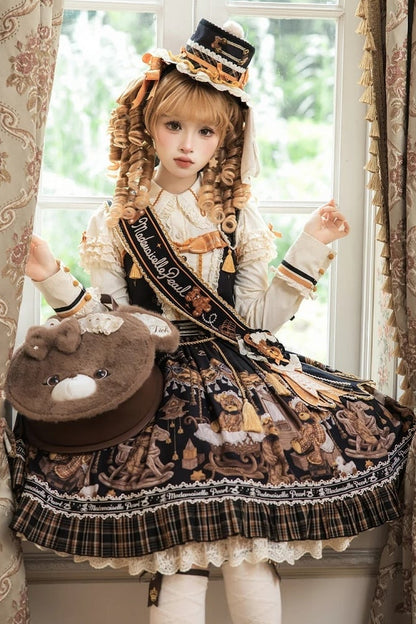 [Reservierungsschluss 8. September] Classic Bear Lolita-Stufenkleid mit weißem Kragen, Karomuster, Spitze und Schleife+Vintage-JSK-Kleid mit Teddybär-Print und Spitze+Vintage-Lolita-Kleid mit Teddybär-Print, Karokragen und klassischem Karomuster