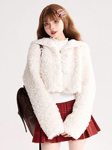 Snow White Sailor Collar Short Fur Jacket