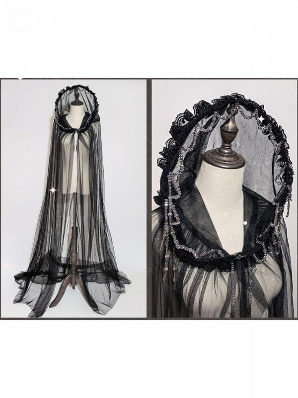 【10月28日予約締切】Black/White Gothic Lolita Sheer Lace Beaded Hooded Long Cape