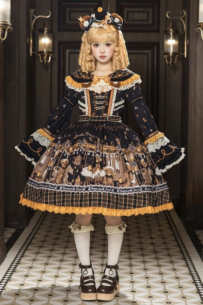 [Reservierungsschluss 8. September] Classic Bear Lolita-Stufenkleid mit weißem Kragen, Karomuster, Spitze und Schleife+Vintage-JSK-Kleid mit Teddybär-Print und Spitze+Vintage-Lolita-Kleid mit Teddybär-Print, Karokragen und klassischem Karomuster
