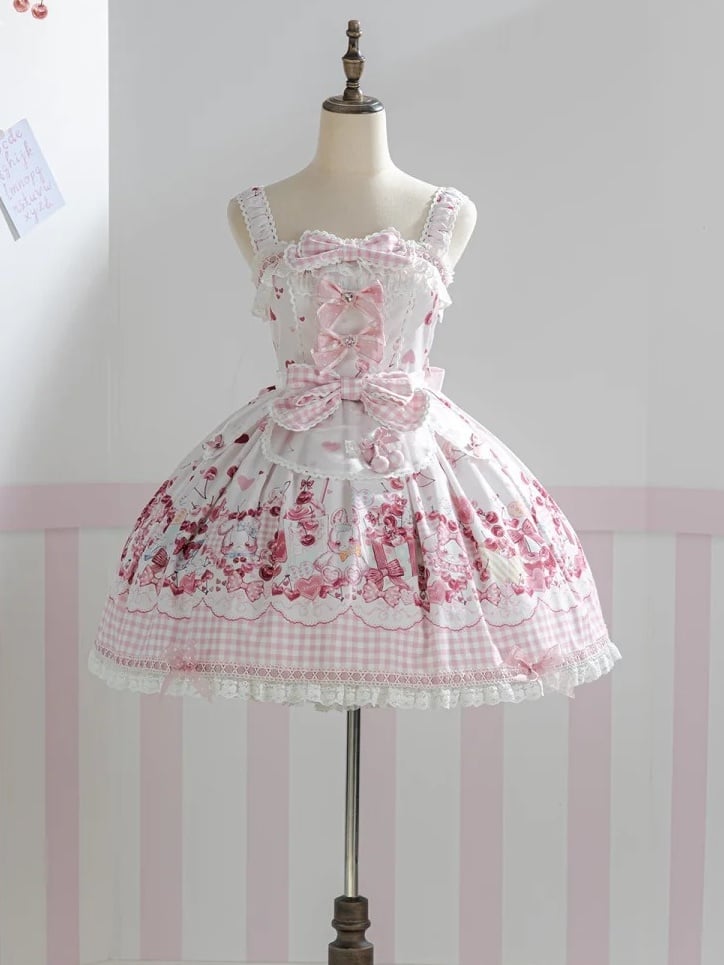 [Précommande jusqu'au 5 mai] Robe JSK à imprimé cerises roses, dentelle, ruban et tablier oreilles de lapin + accessoires