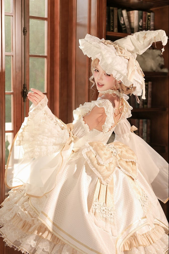 [Cierre de reserva el 14 de septiembre] Conjunto completo Elegant White Gold Witch: vestido JSK cruz + cola con lazo grande + capa con capucha + mangas desmontables + sombrero de bruja + mangas exteriores