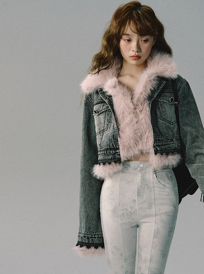 Washed Denim Light Pink Fur Contrast Collar Short Jacket