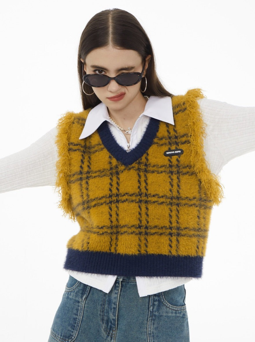 Fur Fringe Check Short Knit Vest