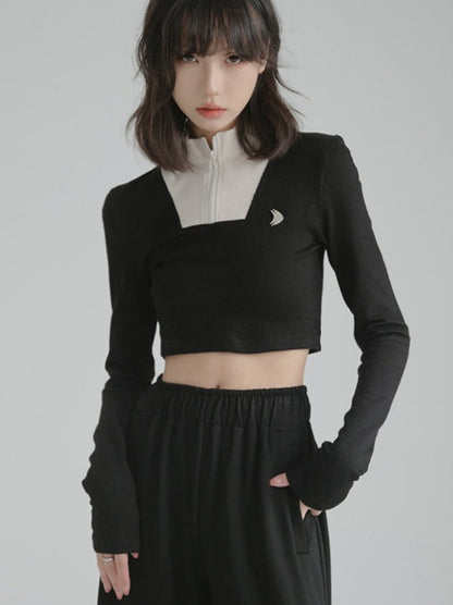 Half Zip Stand Collar Sweater New Design Short Top