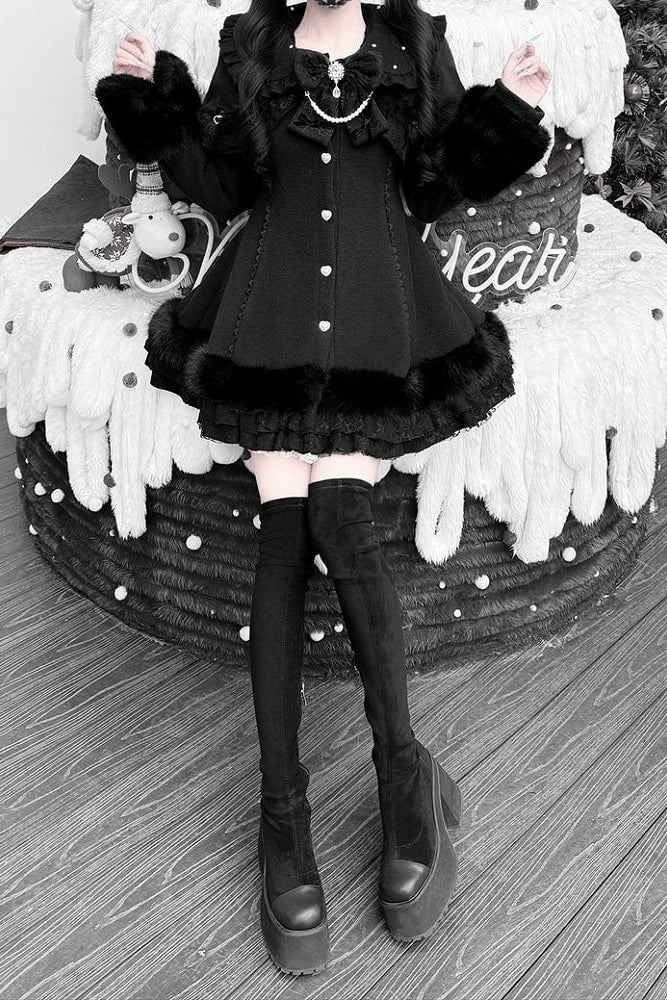 【11月13日予約締切】Black Pearl Bow-Tie Fur Coat With Detachable Cape And Fur Cuffs