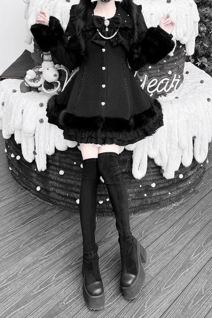 【11月13日予約締切】Black Pearl Bow-Tie Fur Coat With Detachable Cape And Fur Cuffs