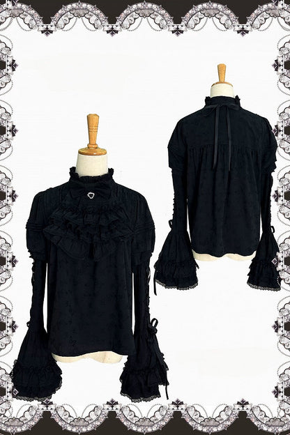 【10月3日予約締切】Black/White Elegant Gothic Puff Sleeve Shirt With Detachable Bell Sleeves And Frill Collar Jabot