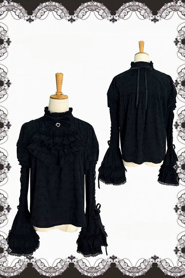 【10月3日予約締切】Black/White Elegant Gothic Puff Sleeve Shirt With Detachable Bell Sleeves And Frill Collar Jabot