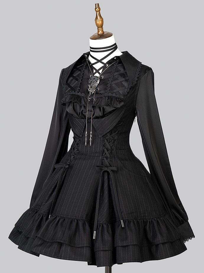 【12月29日予約締切】ゴシックロリータダークカラーストライプバッククロスフリルサスドレス