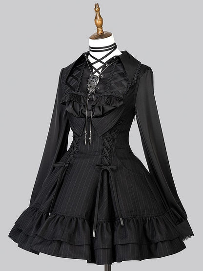 【12月29日予約締切】ゴシックロリータダークカラーストライプバッククロスフリルサスドレス