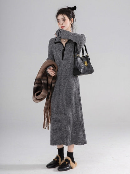 Luxembourg Mix Pattern Grey Wool Knit Dress