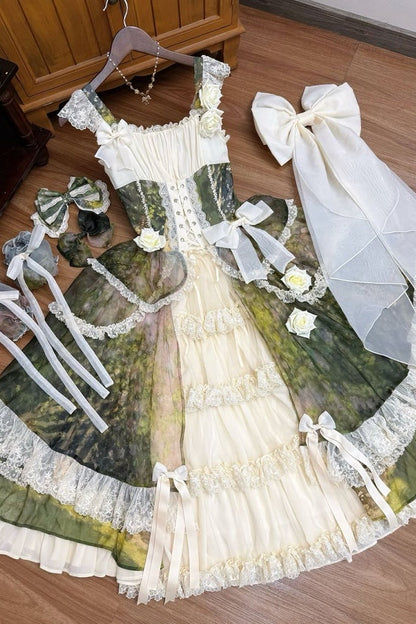 【8月23日予約締切】Elegant Forest Floral Oil Painting Print Classical Lolita series accessories（Back ribbon train・detachable sleeves）