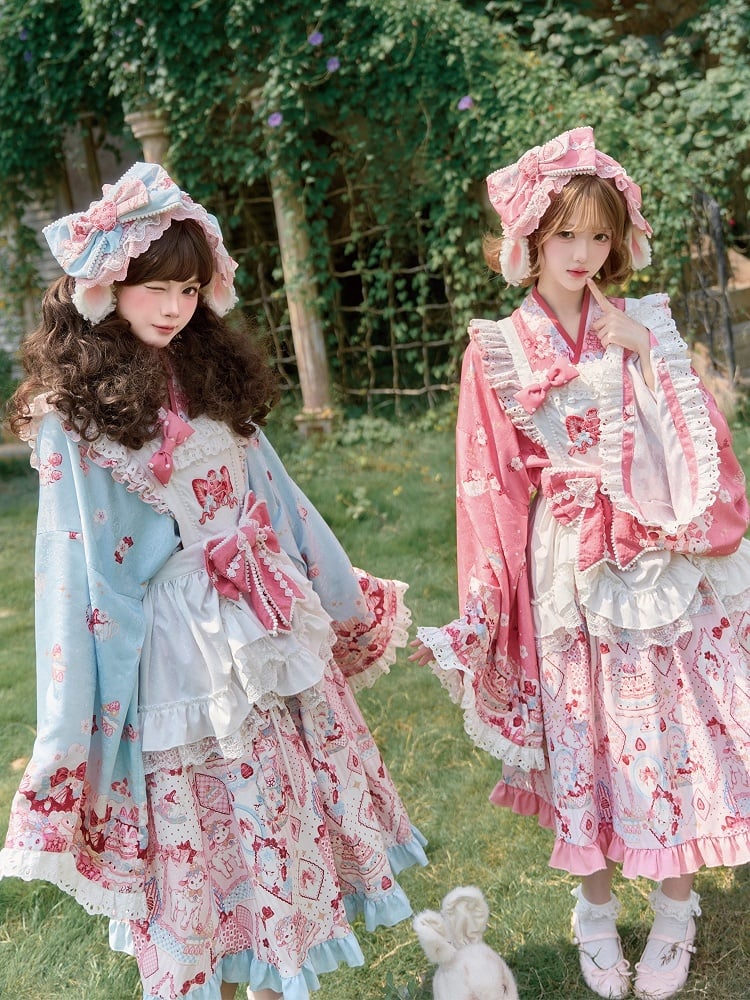 【10月21日予約締切】Pink/Blue Lamb Ear Headband With Detachable Ribbon + Strawberry Embroidered Ribbon KC