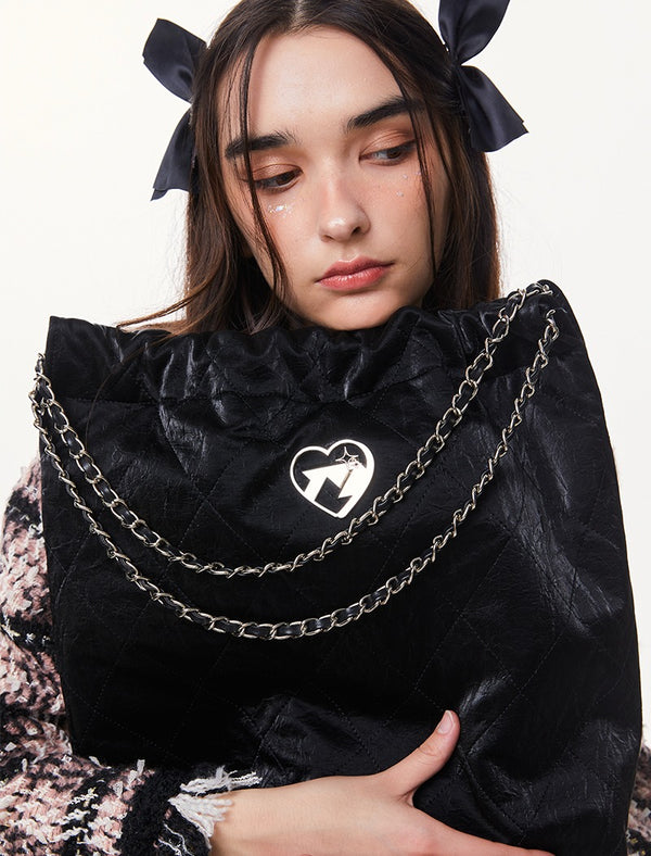 Cool Metal Diamond Stitch Leather Chain Tote Bag