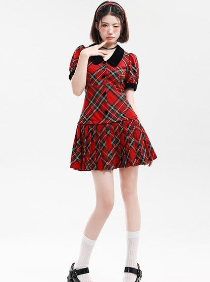 French Red check college dress