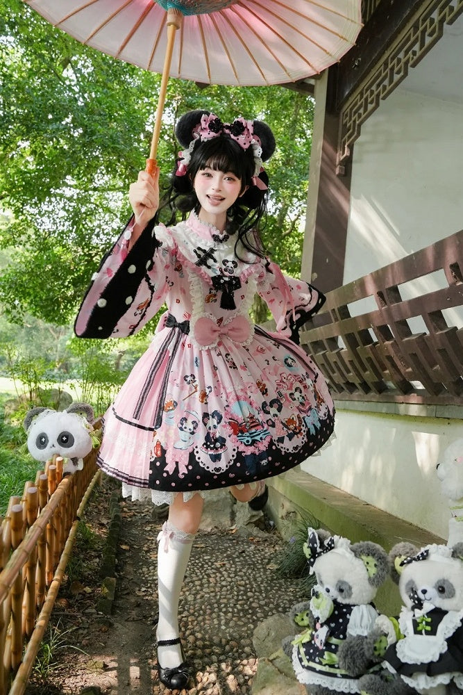 [Pre-order Deadline: October 25] Pink/Green Chinoiserie Lolita Sweet Panda Print Bow Bell Sleeve OP Dress