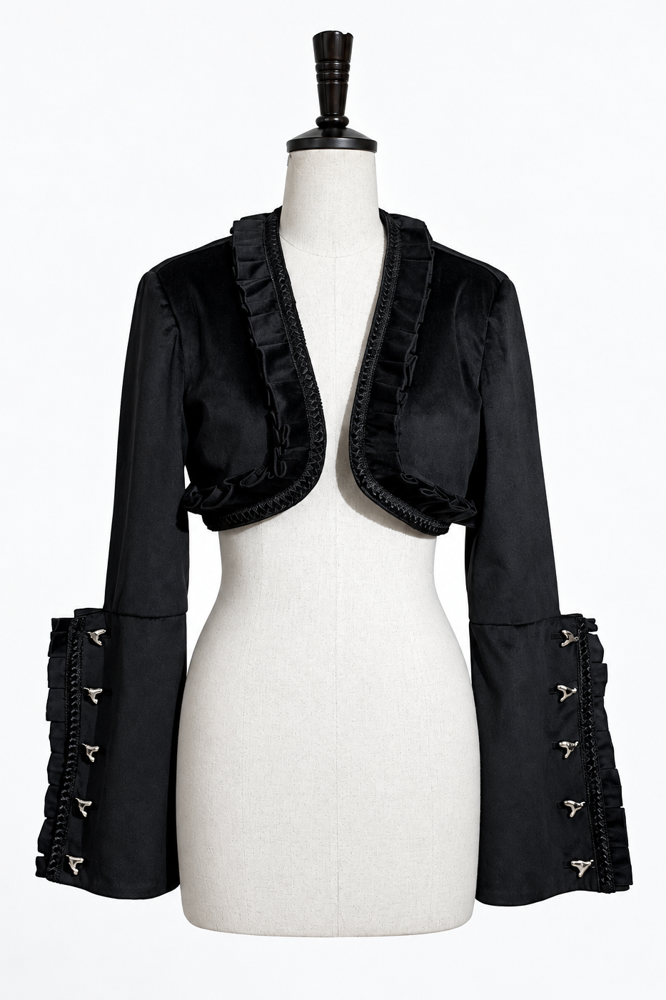 [Reservierungsschluss 6. November] Kurze Jacke im braunen Steampunk- und schwarzen Gothic-Mode-Stil aus Samt mit Rüschenbesatz, Herzmotiv und Manschettendekor