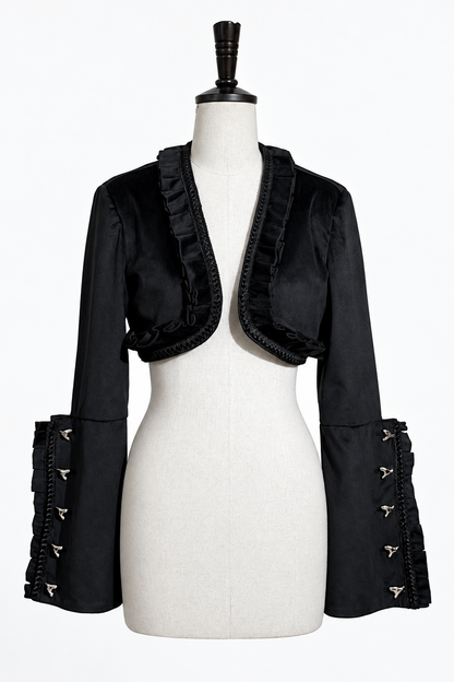 [Reservierungsschluss 6. November] Kurze Jacke im braunen Steampunk- und schwarzen Gothic-Mode-Stil aus Samt mit Rüschenbesatz, Herzmotiv und Manschettendekor