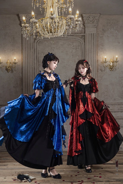 [Date limite de précommande: 105] Robe empire gothique élégante à volants cascade rouge/bleu [courte/longue] + ensemble robe complet (châle, broche papillon, chaîne de taille, traîne à nœud au dos)