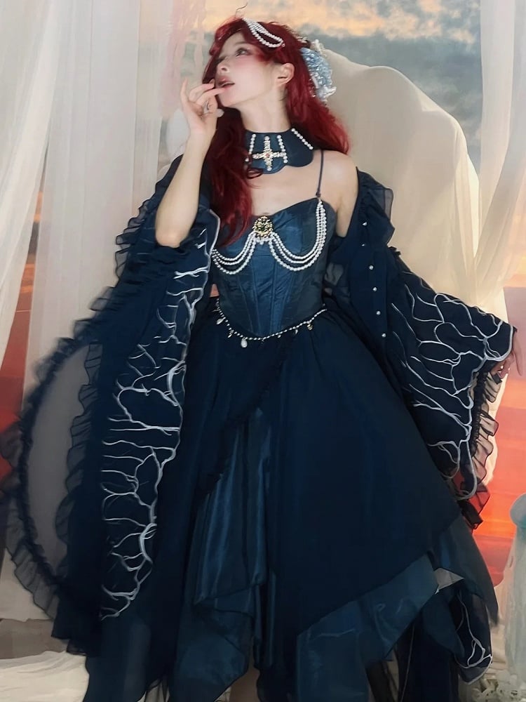[Reservierungsschluss 1. Juni] Dunkelblau/Pink/Dunkelpetrol Atlantis Dark-Fantasy-Lolita Sternen-Korsett asymmetrisches Bustier-JKS-Kleid