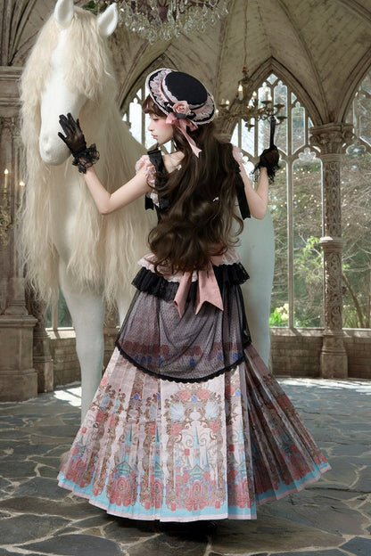 【10月10日予約締切】Black Pink Romantic Rose Castle Classic Lolita Series Accessories(Rose Ribbon Lace Hat + Ribbon Hair Clip)